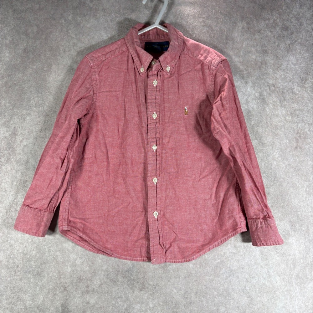 Ralph‎ Lauren Button Down Shirt Kids 5 Red Oxford Long Sleeve Pony Casual Church